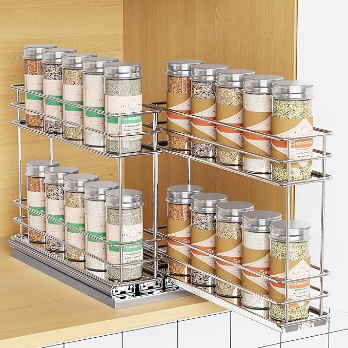 Pull Out Spice Rack Organizer for Cabinet, Slide Out Spice Racks, Easy to Install Spice Cabinet Organizer, 2.1''Wx10.35''Dx8.26''H, 2 Drawers 2 Tiers(Silver)