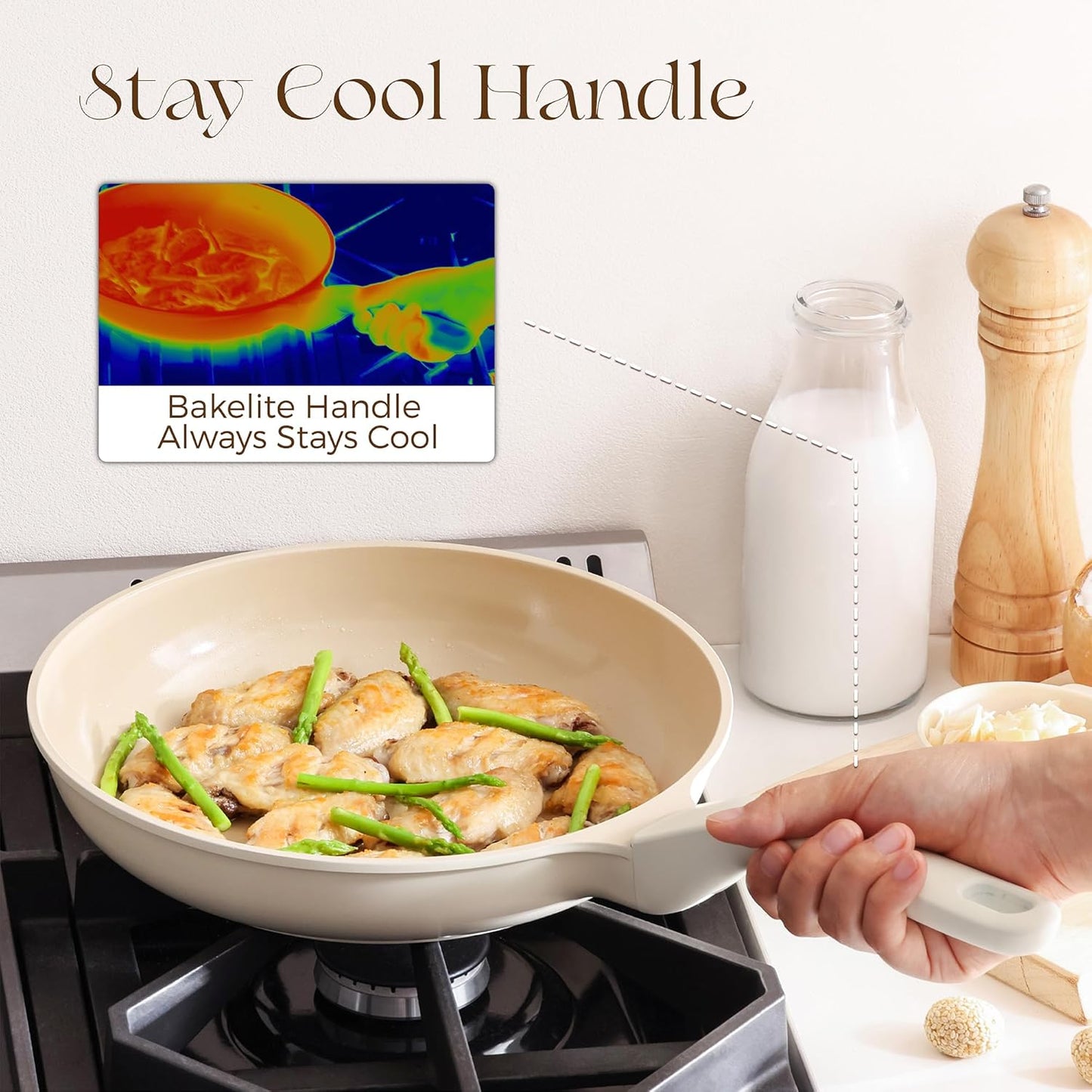 PRICUSIS Nonstick Ceramic Frying Pan with Lid, 8/10 Inch Skillet with Stay Cool Handle, Fully Coated, 100% Dishwasher Safe, Oven Safe, PTFE PFAS & PFOA Free (8 Inch, Coconut White