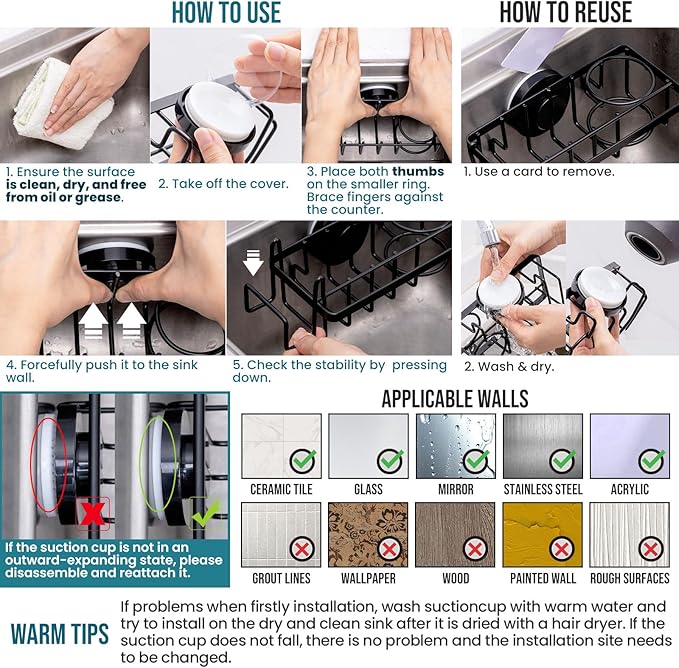 TAILI 4-in-1 Rustproof Sink Caddy & Sponge Holder with Removable Strong Suction Cup for Kitchen Sink - Black