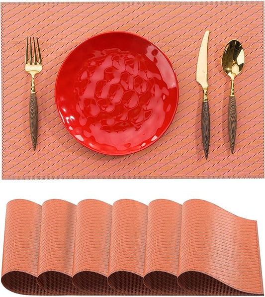 BACKTOEDEN Placemats Set of 6 Heat Resistant Washable Wipeable Placemat Woven Non-Slip Foldable Vinyl/Plastic Place Mats Indoor/Outdoor Mat Kitchen Dining Table Pad, Orange Twill