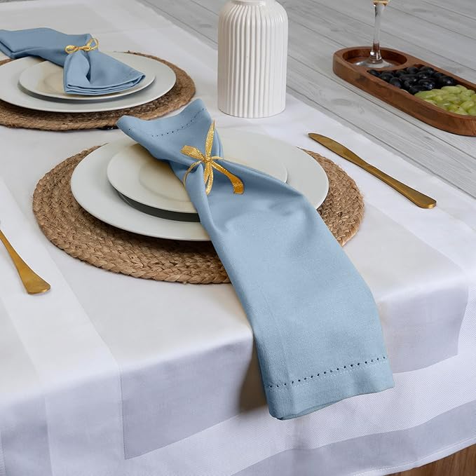 Blue Needles Set of 12 Hemstitch Linen Napkins 100% Cotton Ice Blue Cloth Dinner Napkins 18x18 inches, Soft, Reusable, Absorbent, Washable, Ideal for Fall Thanksgiving Events, Parties & Everyday Use