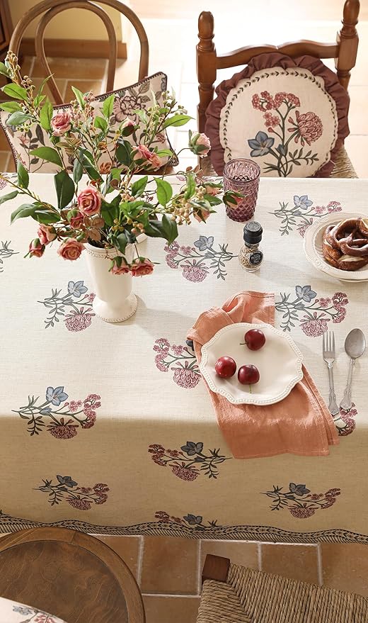 French Tablecloth for Square Tables,Linen Table Cloth with Colorful Flowers Pattern,Heavy Durable Table Cover for Dining Thanksgiving Kitchen Decor Party Banquet Christmas,55"*55"