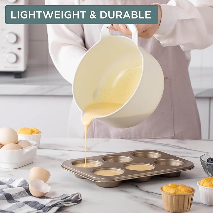 COOK WITH COLOR Nesting Plastic Mixing Bowl Set with Pour Spouts and Handles, Sage, 6 Piece Non-Slip