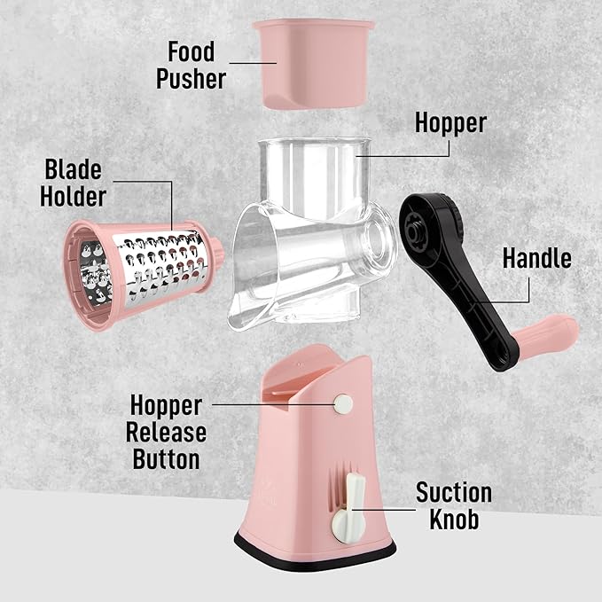 Zulay Kitchen Rotary Cheese Grater 5 Blade Cheese Shredder - Manual Hand Crank Cheese Grater With Reinforced Suction & 5 Interchangeable Drums - Easy to Use, Vegetable Chopper Round Mandoline Slicer