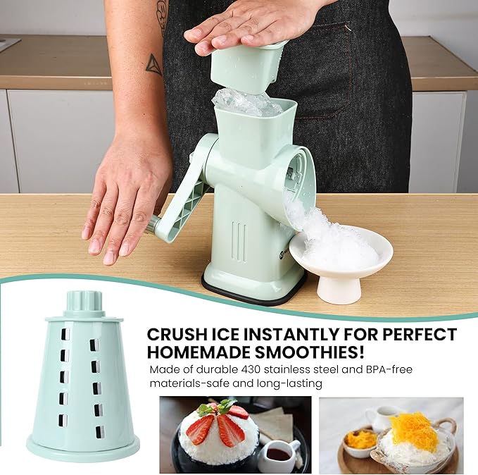 6 in 1 Rotary Cheese Grater Hand Crank with 6 Stainless Steel Blades, Cheese Shredder with Reinforced Suction Base, Grater For Cheese, Vegetables, Nuts and Ice, Easy to Clean