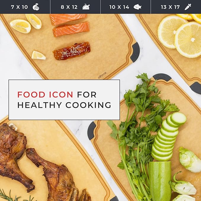 Elihome Essential Series Cutting Board for Kitchen- Natural Wood Fiber Composite, Dishwasher Safe, Eco-Friendly, Juice Grooves, Non-slip Feet, Non-Porous, Reversible, BPA Free, Large- 14" x 10")