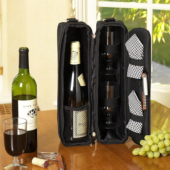 Picnic at Ascot Insulated Wine Tote with 2 Wine Glasses, Napkins and Corkscrew -Designed & Assembled in the USA