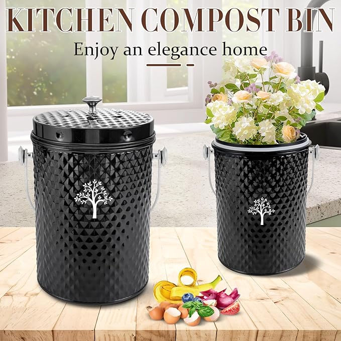 AOSION Countertop Compost Bin Kitchen，Odorless Indoor Compost Bin with Lid and Compost Bags,Compost Bucket Composter Container for Food Waste,Black
