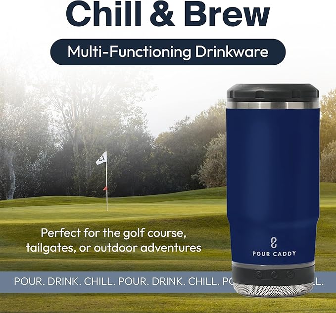 Chill & Brew, Insulated Can & Bottle Holder, Bluetooth Cup with Speaker, Fits 12 oz Cans, Skinny Cans, Most Bottles & Cold Drinks, Navy Blue