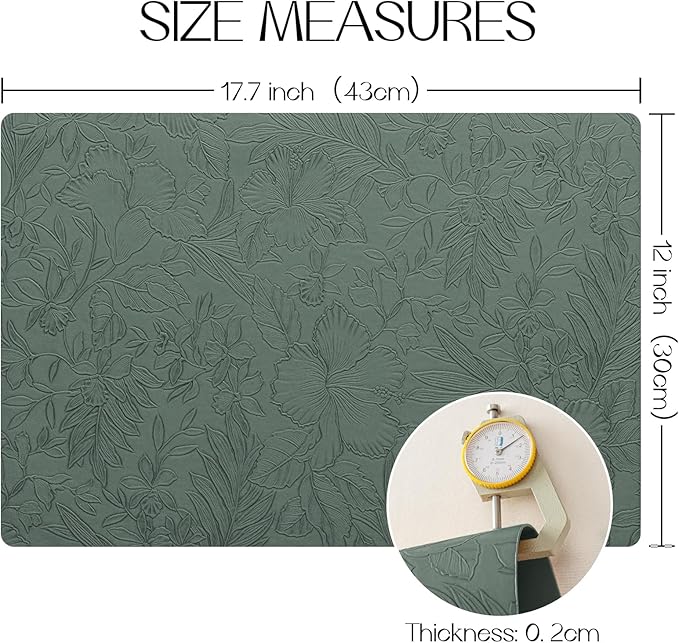 Romanstile Vinyl Placemats Set of 6-12 X 18 Inch - Heat Resistant Non-Slip Embossed Floral Place Mats 100% Waterproof Oilproof Wipeable Faux Leather Table Mats for Kitchen/Dining/Party, Green