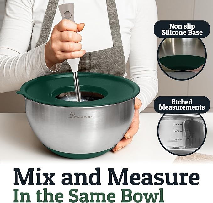 Priority Chef Stainless Steel Mixing Bowls with Lids Set, 3 Grater Attachments, Airtight Lids, Non-Slip Silicone Base Mixing Bowl Set, Large Prep Metal Mixing Bowls for Kitchen, Green