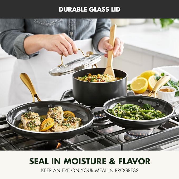 GreenPan 12 Piece Nonstick Swift Cookware Set, Ceramic PFAS-Free Pots & Pans with Lids, Dishwasher & Oven/Broiler Safe to 600F, Kitchen Cooking Set, Sauce, Saute, Stock, Frying Pans, Black/Gold