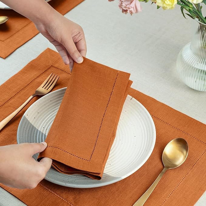 D'Moksha Homes Rust Linen Napkins Set of 4 - Classic Hemstitch 100% Pure Linen Hemstitch Dinner Napkins 20 x 20 Inch for Fall, Thanksgiving, Holiday - Handcrafted and Machine Washable