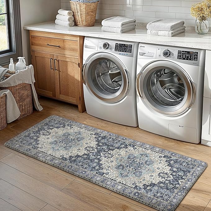 GENIMO Kitchen Mats for Floor 2PCs, Washable Anti Fatigue Mat for Cushioned, 17.3"x47"+17.3"x30", Waterproof Kitchen Rugs, Non Slip Comfort Standing Mat Rug for Home, Sink, Laundry, Center Blue