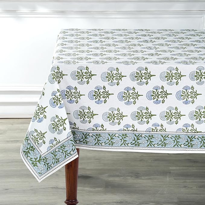 Ridhi Mughal Buta Blue Hand Block Print Cotton Rectangle Tablecloth 120 x 60 inch-Reusable Table Cover Decorative Everyday Use for Dining Room, Farmhouse, Thanksgiving, Christmas Wedding, Fall