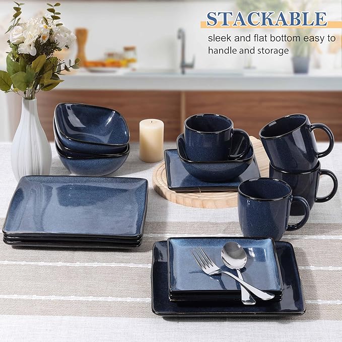 LIANYU 16 Piece Square Dinnerware Sets with Coffee Cups, Ceramic Plates and Bowls Sets for 4, Dinner Dishes for Kitchen Dining, Microwave & Dishwasher Safe, Sapphire Blue