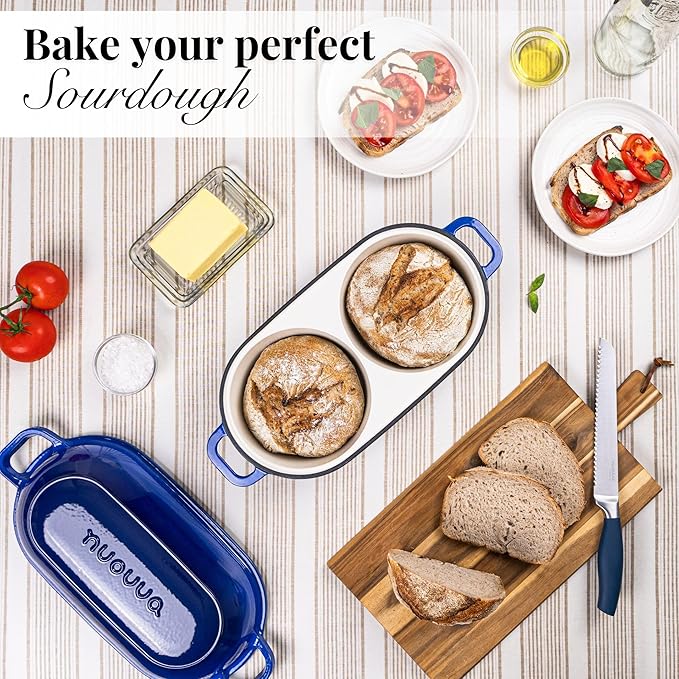 Dutch Oven For Sourdough Bread Baking – Enamelled Cast Iron Bread Loaf Pot – 500°F Oven Safe Non Stick Bread Pot – Double Round Loaf Space, 16.5cm Diameter, Dark Blue, – by Nuovva