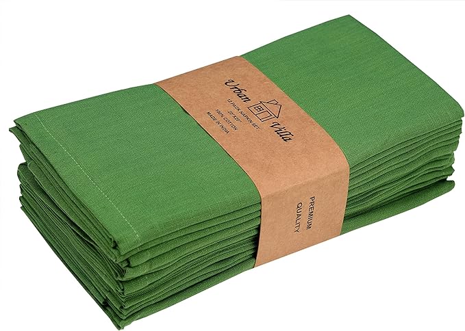 Urban Villa Christmas Cloth Napkins 100% Cotton Slub Absorbent Dinner Napkins (Set of 12) Oversized 20x20 Inches Solid Green Color Soft Durable Reusable Washable Ideal for Everyday Use Wedding Parties