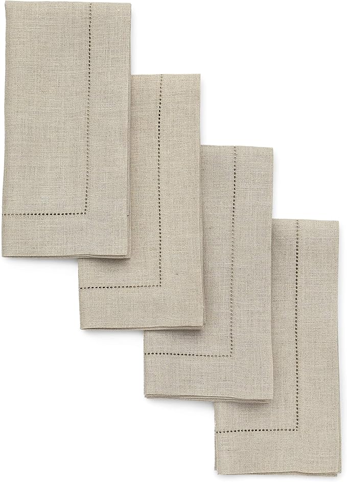 Solino Home Natural Linen Napkins Set of 4-100% Pure Linen Hemstitch Dinner Napkins 20 x 20 Inch for Fall, Autumn, Thanksgiving, Christmas, Holiday - Classic Hemstitch