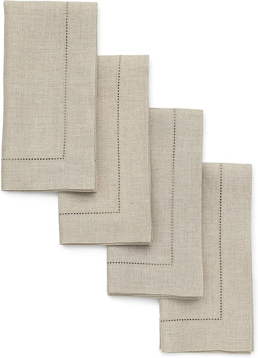Solino Home Natural Linen Napkins Set of 4-100% Pure Linen Hemstitch Dinner Napkins 20 x 20 Inch for Fall, Autumn, Thanksgiving, Christmas, Holiday - Classic Hemstitch