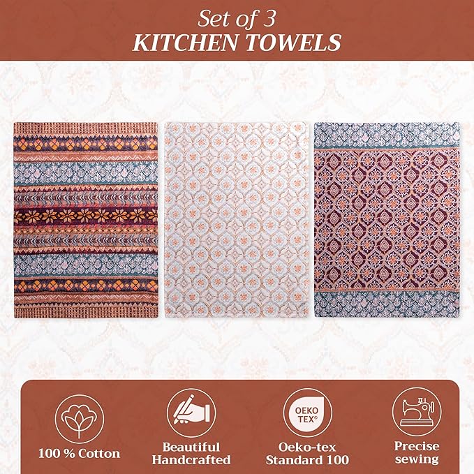 Maison d' Hermine Kitchen Towels Set of 3 100% Cotton 20" x 27.5" Reusable Cloth Tea Dish Towels Absorbent with Hanging Loop for Kitchen Dining Thanksgiving Christmas Decorations (Fair Isle)