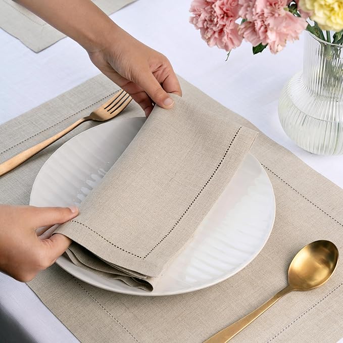 D'Moksha Homes Natural Linen Napkins Set of 4 - Classic Hemstitch 100% Pure Linen Hemstitch Dinner Napkins 20 x 20 Inch for Fall, Autumn and Halloween - Handcrafted and Machine Washable