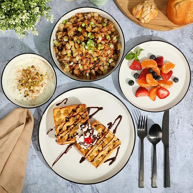 Gibson Home Oslo 16 Piece Porcelain Dinnerware Set,White w/Black Rim Rim, Service for 4 (16pcs)