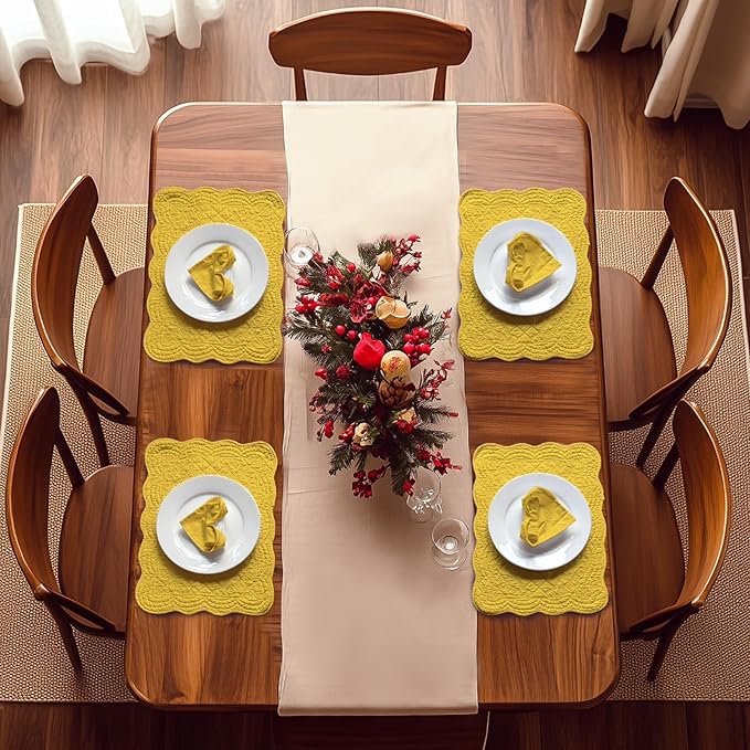 Quilted Placemats Set of 4 with Matching Cotton Napkins – 4 Piece Table Mats & 4 Cloth Napkins – 100% Cotton Table Linen Set for Everyday & Holiday Dining (4, Yellow)