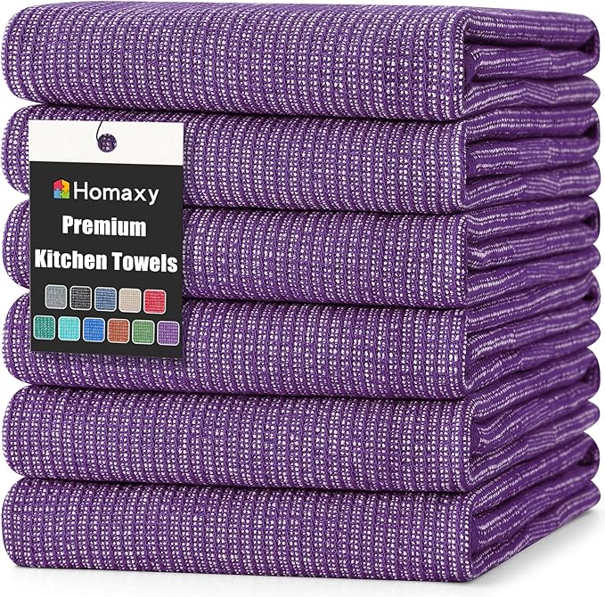 Homaxy Premium Kitchen Towels(18”x 28”, 6 Pack), Large Cotton Kitchen Hand Towels, Flat and Terry Dish Towels, 380 GSM Highly Absorbent Tea Towel Set with Hanging Loop, Purple
