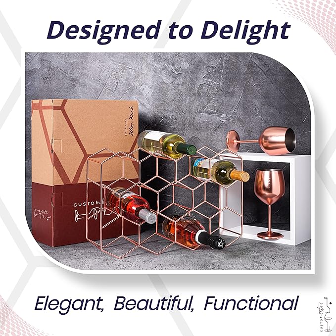 Gusto Nostro Countertop Wine Rack - 14 Bottle Freestanding Modern Metal Wine Rack - 3 Tier Tabletop Wine Holder Stand for Cabinet, Pantry Wine Bottle Storage - No Assembly Required (Small, Rose Gold)