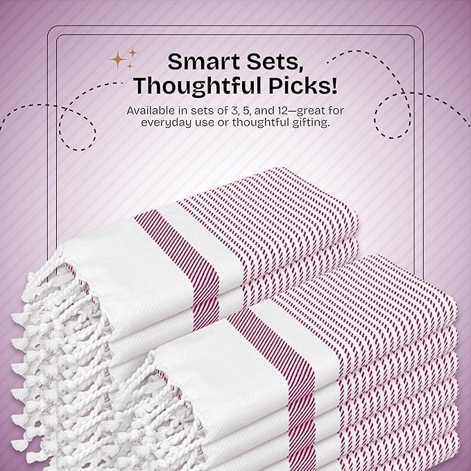 Burgundy Wine Turkish Kitchen Towels 16x26 Inch, 12 Pack, 100% Cotton, Ultra Absorbent, Soft, Fast Dry, Washable, Dish Towel with Tassels for Drying Dishes, Cleaning, Everyday Use