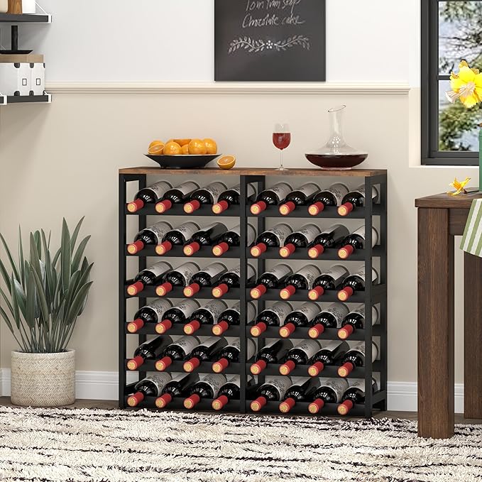 6 Tier Bamboo Wine Rack with Table Top, Freestanding 48-Bottle Wine Storage Shelf, Wine Display for Kitchen, Bar, Dining Room, Living Room, Rustic Brown and Black