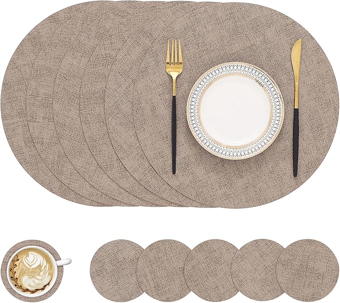 homing Round Faux Leather Placemat and Coaster 6 Packs, Washable Heat Resistant Dining Place Mats, Wipeable Double-Sided Table Mats for Indoor and Outdoor, Diameter 13 and 3.93 inch, Camel