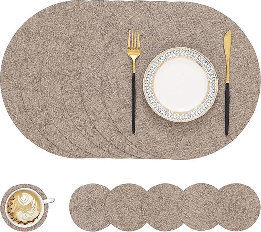 homing Round Faux Leather Placemat and Coaster 6 Packs, Washable Heat Resistant Dining Place Mats, Wipeable Double-Sided Table Mats for Indoor and Outdoor, Diameter 13 and 3.93 inch, Camel