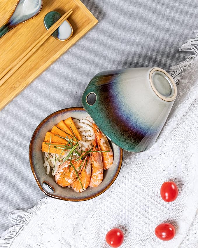 HENXFEN LEAD Japanese Ramen Noodle Bowls Set of 2 - Deep Ceramic Soup Bowls with Spoons, Chopsticks and Holder, 20 Oz Serving Dishes for Pho, Udon Noodle, Cereal - Reactive Green