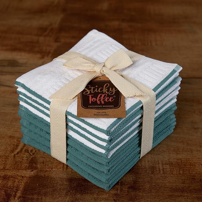 Sticky Toffee Cotton Dishcloths Set of 8, Blue Check, 12 x 12 in, Absorbent Reusable Kitchen and Cleaning Cloths