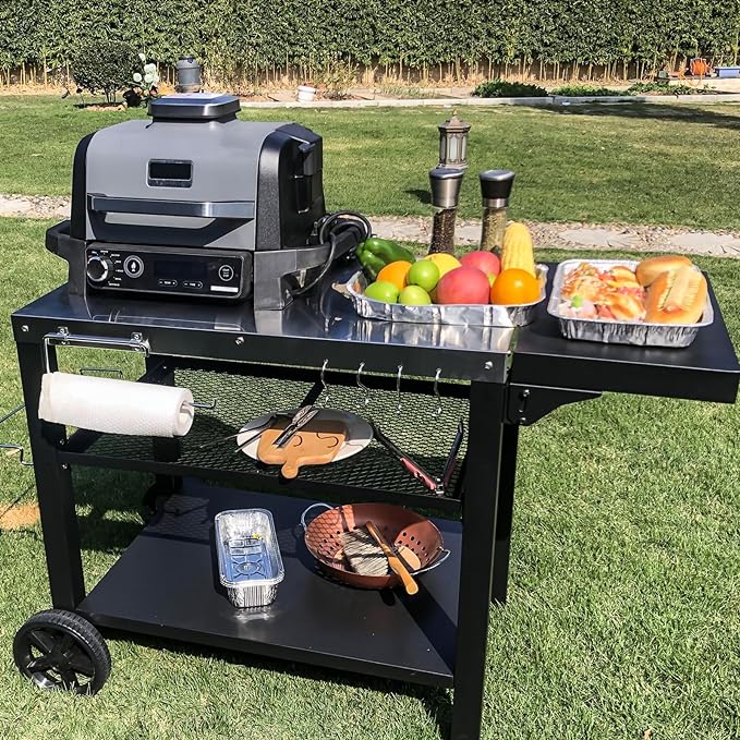 Outdoor Kitchen Island, Grill Table Cart with Drawer, Pizza Oven Stand, Movable 3-Shelf Prep Table with Side Table for Ninja Woodfire, Ooni Pizza Oven, Blackstone Griddle, Cuisinart, Cooking Station