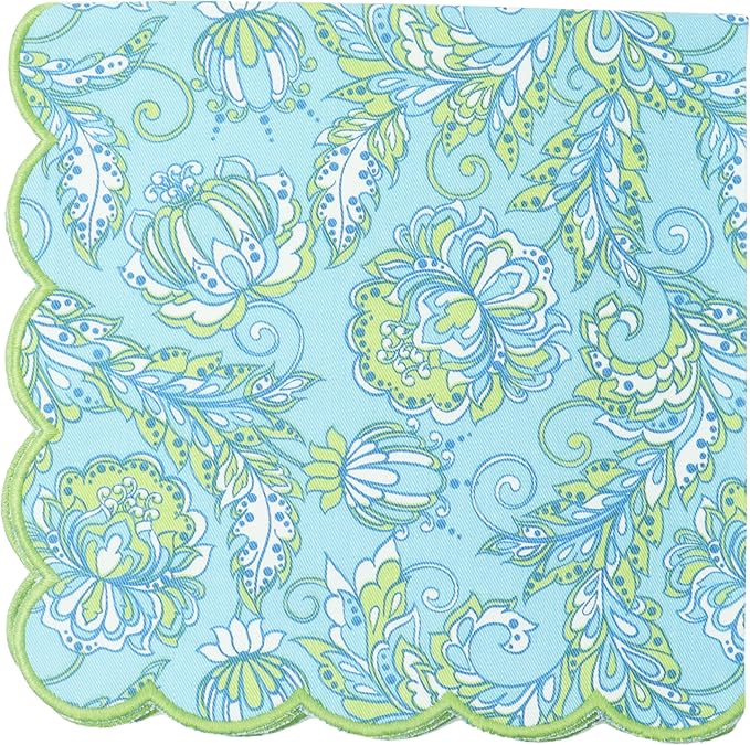 PurpleEssences Scalloped Embroidery Kalamkari Cloth Napkins Christmas Holiday Winter Table Decor 100% Cotton Set of 4-18 x 18 inch - Light Blue Edges - Sage Green