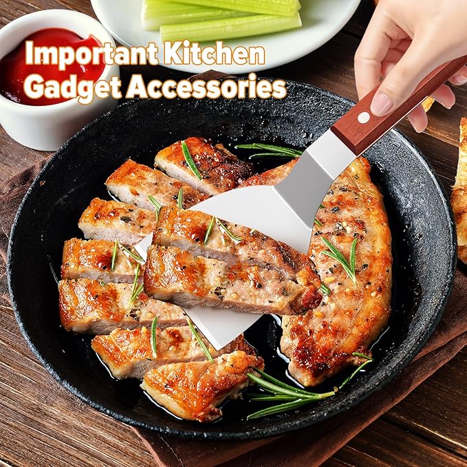 Metal Spatula Set for Cast Iron Skillet, Wide Griddle Stainless Steel Spatula Flipper Turner Utensil Set for Kitchen Use with Short Wood Handle Beveled Edge for Pancake, Egg, Burger, Omelet, 2 Pack