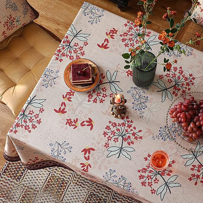 patdrea Designer Floral Linen Table Cloth Durable Breathable Tabletop Cover Dacorative Kitchen Dining Tablecloth for Rectangular Tables for Kitchen Dining Parties,Holiday,Christmas,67"x 118"