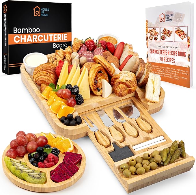 Large Bamboo Charcuterie Boards Gift Set with Hidden Drawer, Side Fruit Tray, Cheese Knife Set, Ceramic Bowls, Recipe Book - House Warming Gifts New Home