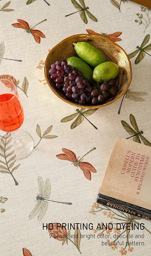 French Tablecloth for Round Tables,Linen Table Cloth with Flowers and Red and Green Dragonflies Pattern,Heavy Durable Table Cover for Dining Kitchen Decor Party Christmas,Diameter 67"