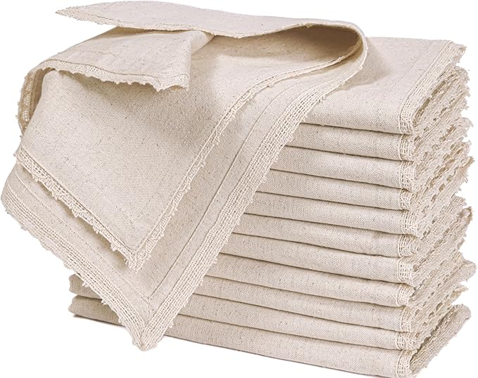 Bedding Craft Cloth Dinner Napkins Linen Flax Cotton 18x18 Set of 12 – Natural with Lace & Mitered Corners – Machine Washable Reusable Fabric Napkins for Weddings, Parties & Table Decorations