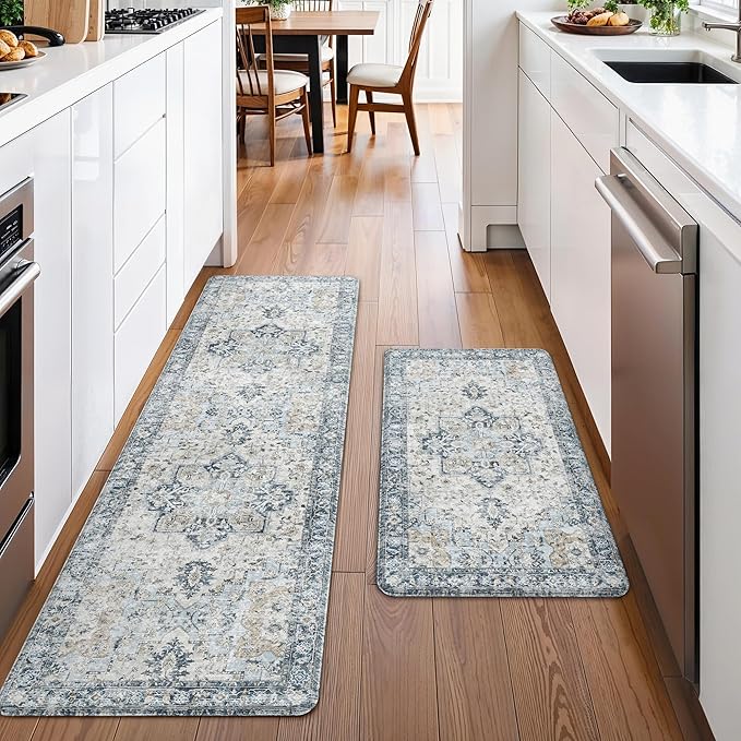 GENIMO Kitchen Mats for Floor 2PCs, Washable Anti Fatigue Mat for Cushioned, 17.3"x59"+17.3"x30", Waterproof Kitchen Rugs, Non Slip Foam Standing Mat Rug for Home, Sink, Office, Laundry, Light Blue