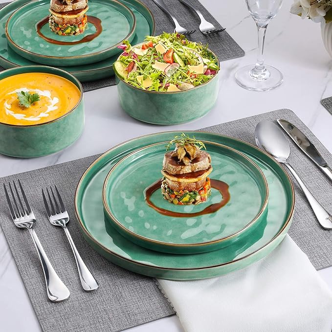 LIANYU Dinnerware Sets for 6, 18 Piece Plates and Bowls Dish Set, Ceramic Dinner Ware Dishware for Kitchen Dining, Microwave & Dishwasher Safe, Emerald Green