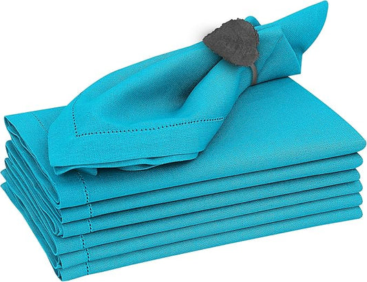 Ruvanti Premium Linen Napkins Set of 4-20x20 Inch, Classic Hemstitch, Mitered Corner Cloth Napkins ‎‎- Soft, Elegant Dinner Napkins Cloth Washable for Weddings, Parties, Everyday Use - Blue