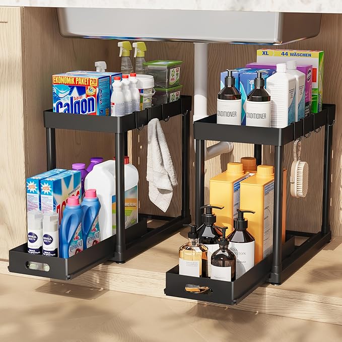 2 Pack Pull-Out Storage Organizers, Under Sink Organizer and Storage for Bathroom & Kitchen,Multi-Purpose Under Cabinet Organizers and storage Black