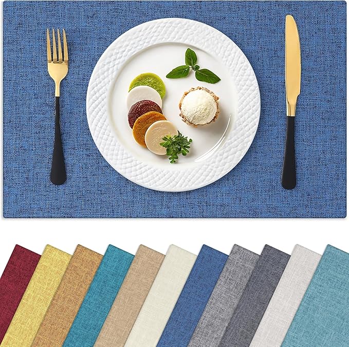 Homaxy Cloths Placemats for Dining Table Set of 8, Heat Resistant Washable Cotton Linen Blend Table Mats, Easy to Clean Place Mats for Indoor Outdoor Party Kitchen Decoration, 13" x 19", Blue