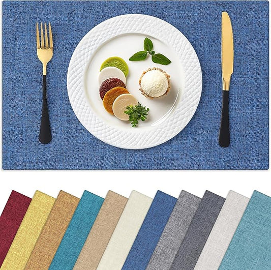 Homaxy Cloths Placemats for Dining Table Set of 6, Heat Resistant Washable Cotton Linen Blend Table Mats, Easy to Clean Place Mats for Indoor Outdoor Party Kitchen Decoration, 13" x 18", Blue