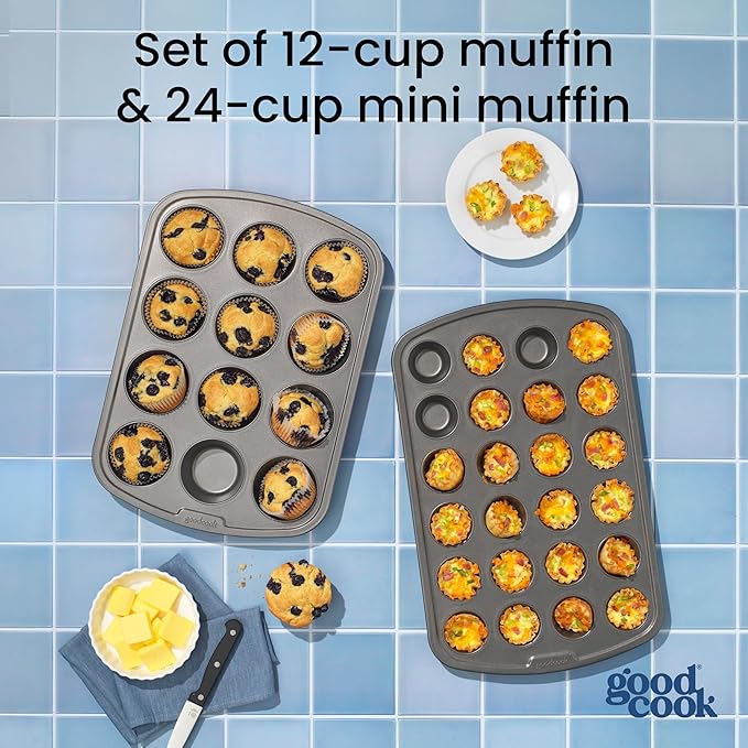 GoodCook Set of 2 Everyday Nonstick 12 cup standard and 24 cup mini Muffin Pan, Gray